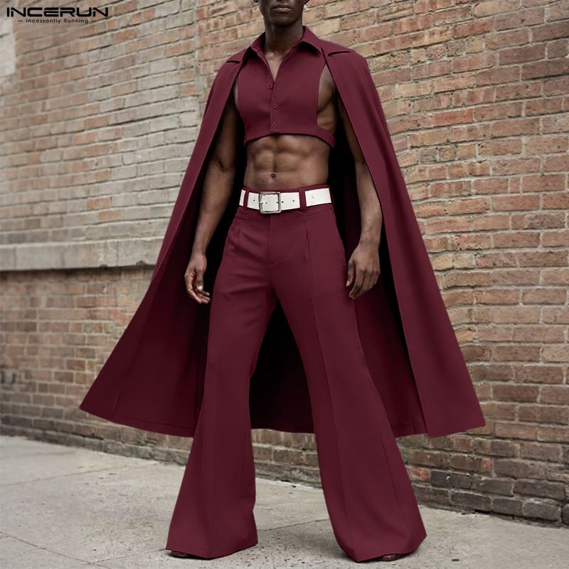 Fashion Streetwear - INCERUN ชุดเซ็ตผู้ชาย สีพื้น ปกเสื้อแบบปกเชิ้ต แขนกุด เสื้อคลุมทรงแปลกตาและกางเกงขายาว
