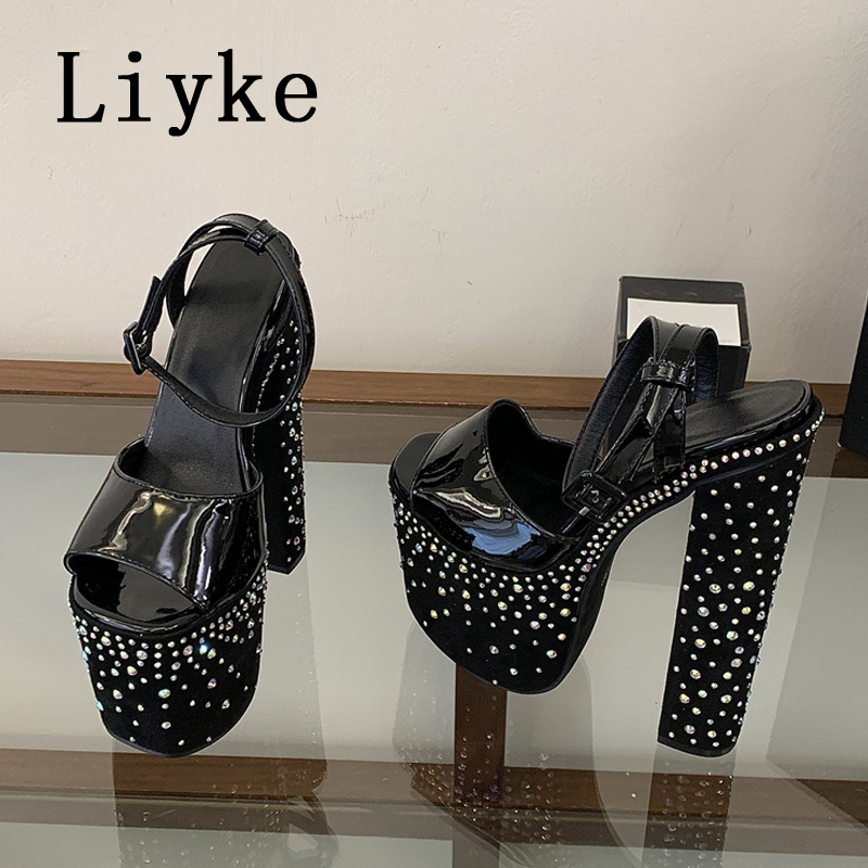 Street Fashion Shoes - รองเท้าส้นสูงแบบหนาประดับคริสตัล Rhinestone ยี่ห้อ Liyke Fashion สำหรับผู้หญิง
