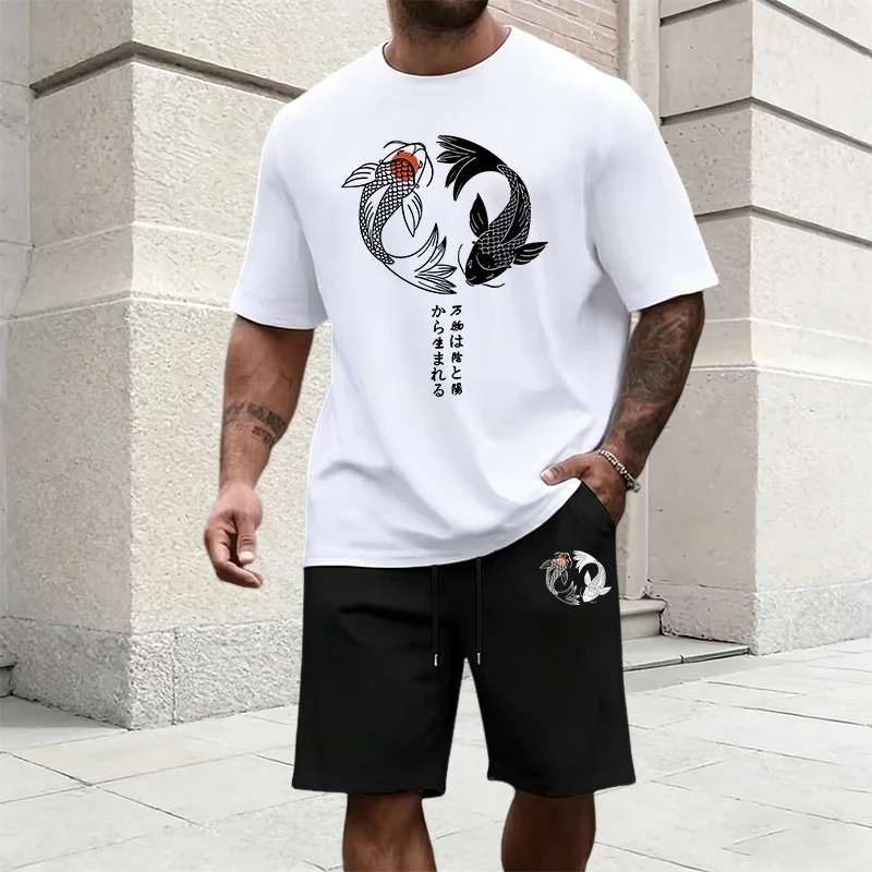 Street Fashion Male - ชุดวอร์มลายหยินหยางสไตล์ญี่ปุ่น เสื้อยืดผ้าฝ้ายและกางเกงขาสั้นกีฬา ชุดลำลองแฟชั่นฤดูร้อนสำหรับผู้ชาย ไซส์ S-3XL
