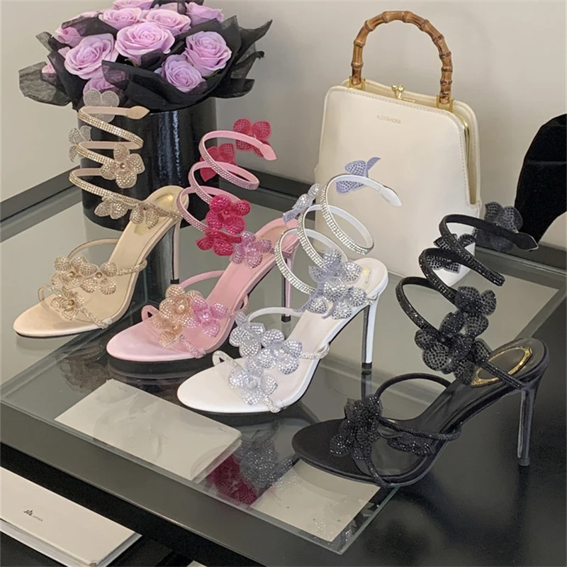 Street Fashion Female - รองเท้าส้นสูงแบบเปิดนิ้วเท้า สายรัดข้อเท้า สไตล์สตรีท ประดับคริสตัล สายรัดบาง สำหรับผู้หญิง