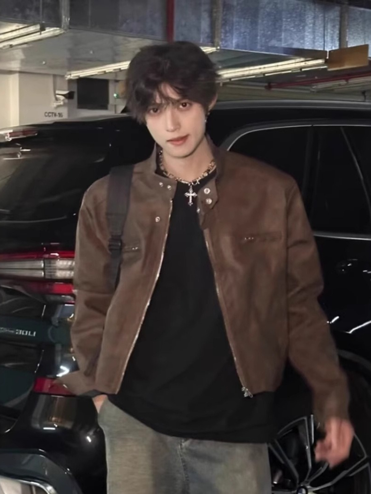 Street Fashion Japan Brand - แจ็คเก็ตหนัง PU สไตล์เท่ห์แนวสตรีท ผู้ชาย ทรงสั้น ดีไซน์เรโทร