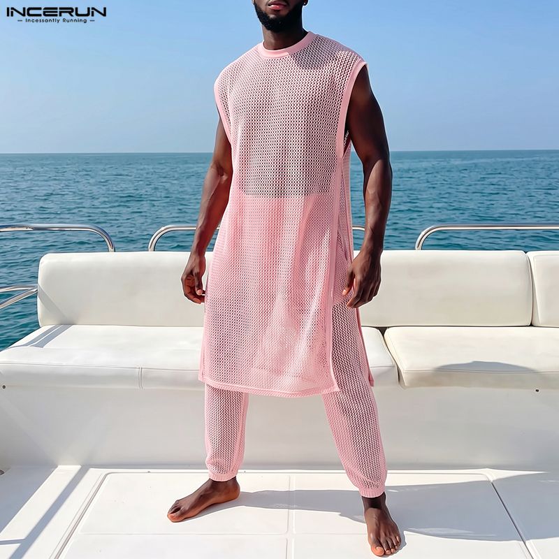 Fashion Streetwear - ชุดเซ็ตผู้ชาย INCERUN เสื้อกั๊กตาข่ายซีทรูแขนกุดทรงไม่สมมาตรพร้อมกางเกง ชุดสองชิ้น สตรีทแวร์เซ็กซี่ แฟชั่นปี