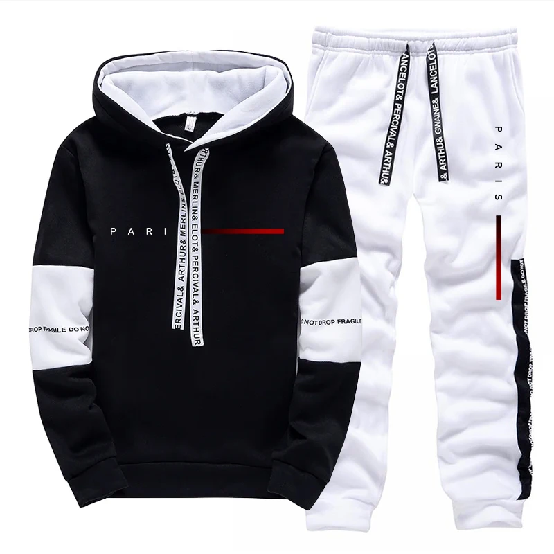 Street Fashion Male - ชุดฮู้ดดี้แฟชั่นสไตล์ปารีสสำหรับผู้ชาย เสื้อฮู้ดและกางเกงขายาวลำลอง ใส่ได้ทุกฤดู เหมาะสำหรับใส่ในชีวิตประจำวัน ออกกำลังกาย หรือเล่นกีฬา