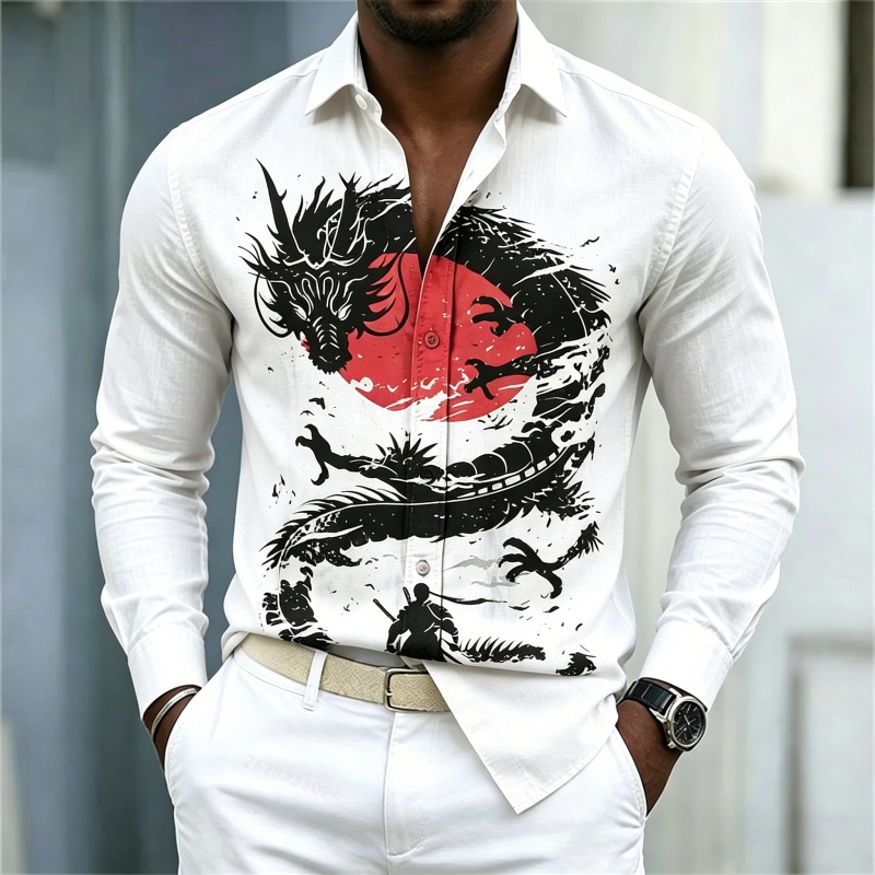 Street Fashion In China - เสื้อเชิ้ตผู้ชายลายมังกรสีขาวดำแดงตัดกัน รุ่นใหม่ปี 2026 สไตล์สตรีทแฟชั่นลำลองธุรกิจ แขนยาว เสื้อผ้าผู้ชาย
