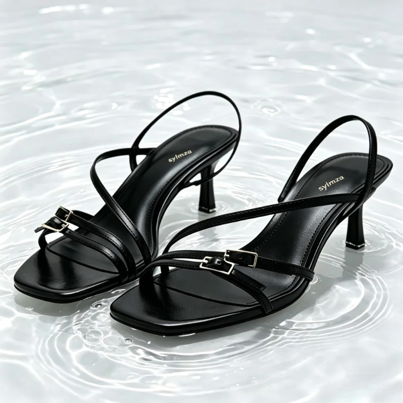 Street Fashion Shoes - รองเท้าส้นสูงแบบสายรัดข้อเท้า ดีไซน์หัวเหลี่ยม เปิดนิ้วเท้า แต่งหัวเข็มขัด สายรัดแคบ แฟชั่นสำหรับผู้หญิง