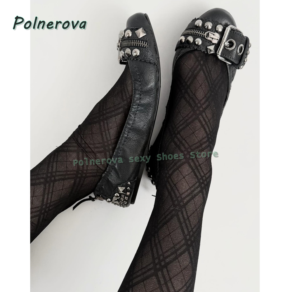 Street Fashion Shoes - รองเท้าส้นเตี้ยแบบมีซิปประดับตกแต่ง รุ่น Mary Jane หัวแหลม พร้อมหัวเข็มขัดแบบ