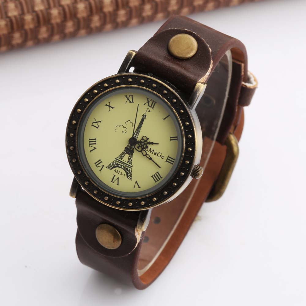 Street Fashion In Paris - สตรีนาฬิกาแฟชั่นผู้หญิงสายรัดนาฬิกาหนังควอตซ์นาฬิกา Paris Eiffel Tower นาฬิกา Montre