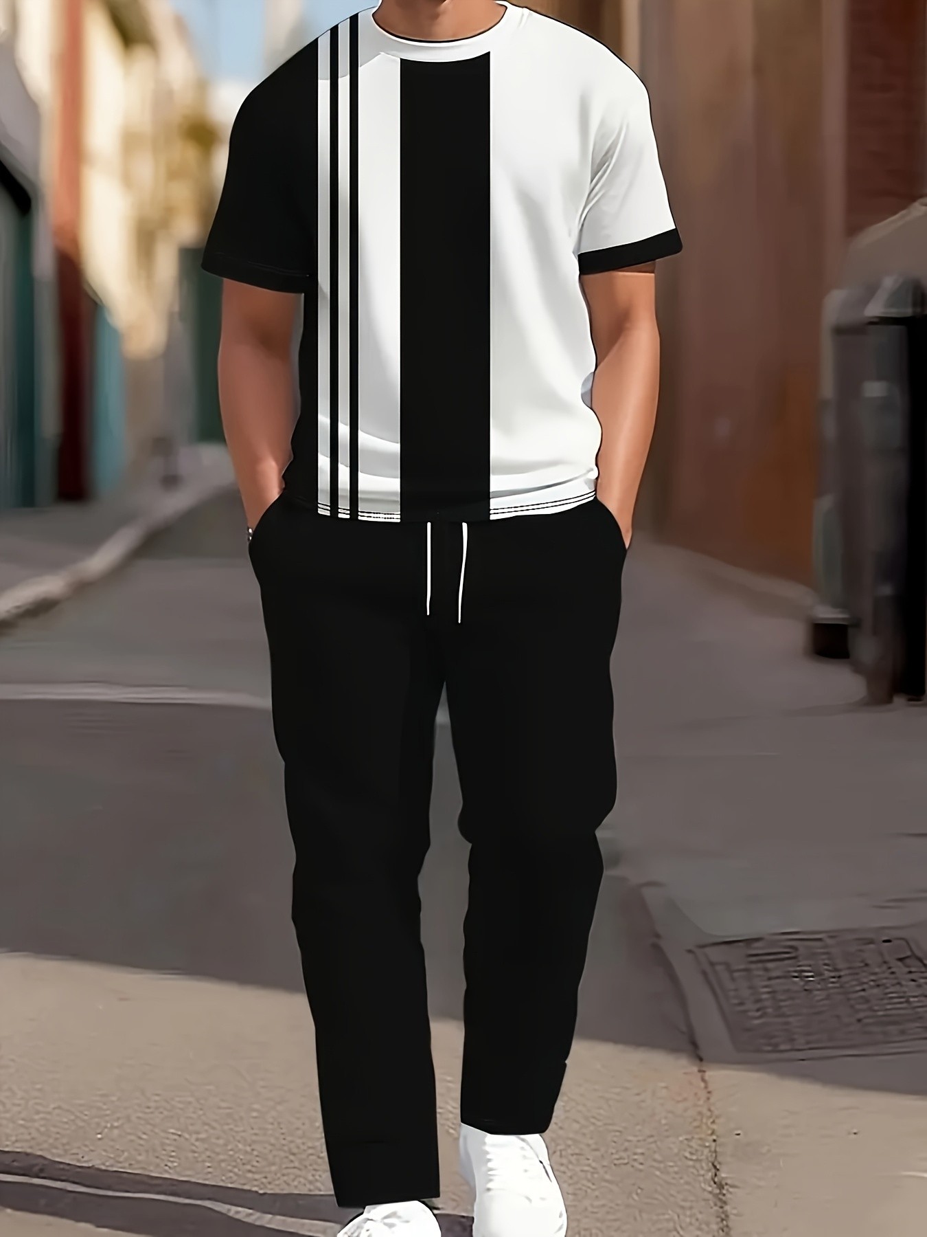Street Fashion Male - ชุดเซ็ตเสื้อแขนสั้นกางเกงขายาวผู้ชายใหม่ประจำฤดูร้อนปี 2026 - แฟชั่นลำลองสไตล์สตรีท สวมใส่สบาย ลายพิมพ์ลายทาง