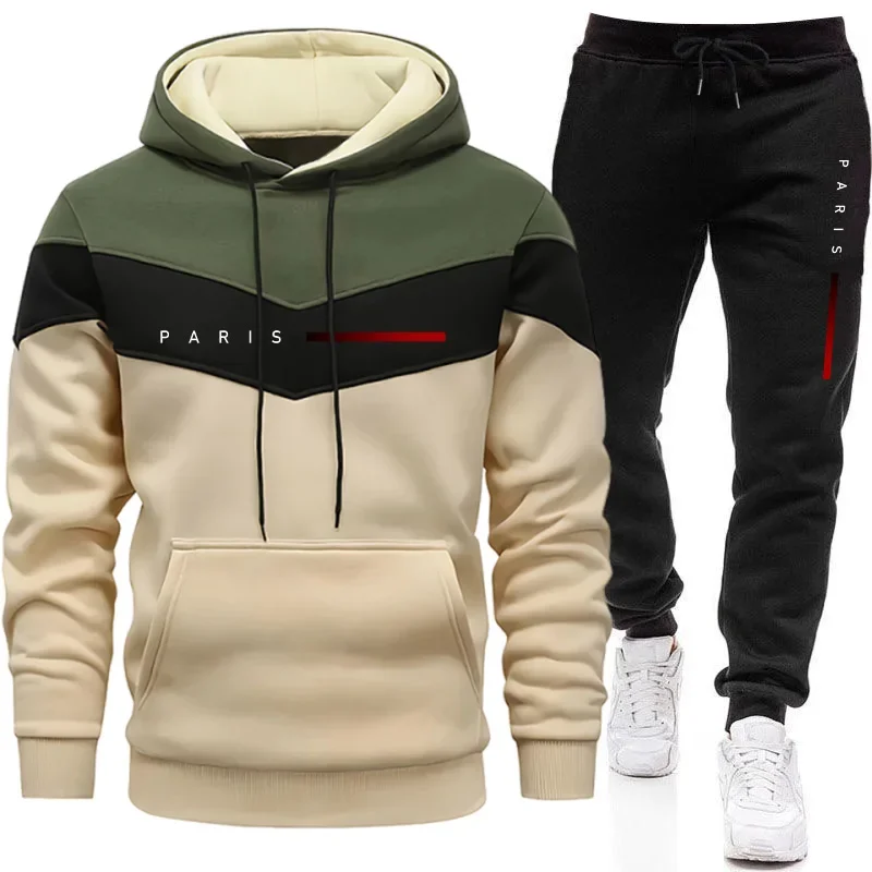 Street Fashion Male - ชุดฮู้ดดี้แฟชั่นผู้ชายสไตล์ปารีส เสื้อฮู้ดและกางเกงจ็อกเกอร์ลำลองสำหรับใส่ในชีวิตประจำวัน ชุดวอร์มเทรนด์เมืองสำหรับผู้ชาย