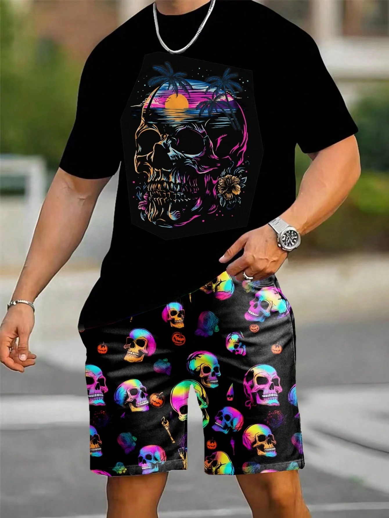 Street Fashion Male - ชุดเซ็ตเสื้อยืดแขนสั้นและกางเกงขาสั้นลายพิมพ์ 3 มิติ สำหรับผู้ชาย ฤดูร้อน 2026