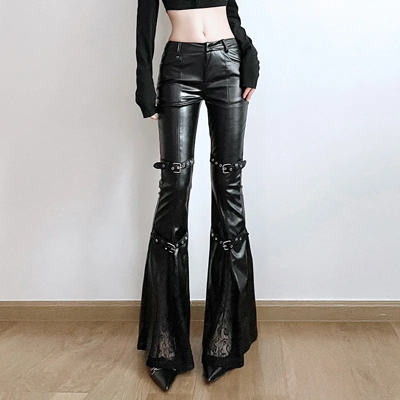Street Fashion Female - กางเกงทรงบานหนัง PU สำหรับผู้หญิง, หัวเข็มขัดแบบกอธิค, ตกแต่งด้วยผ้าลูกไม้, สตรีทแวร์สไตล์