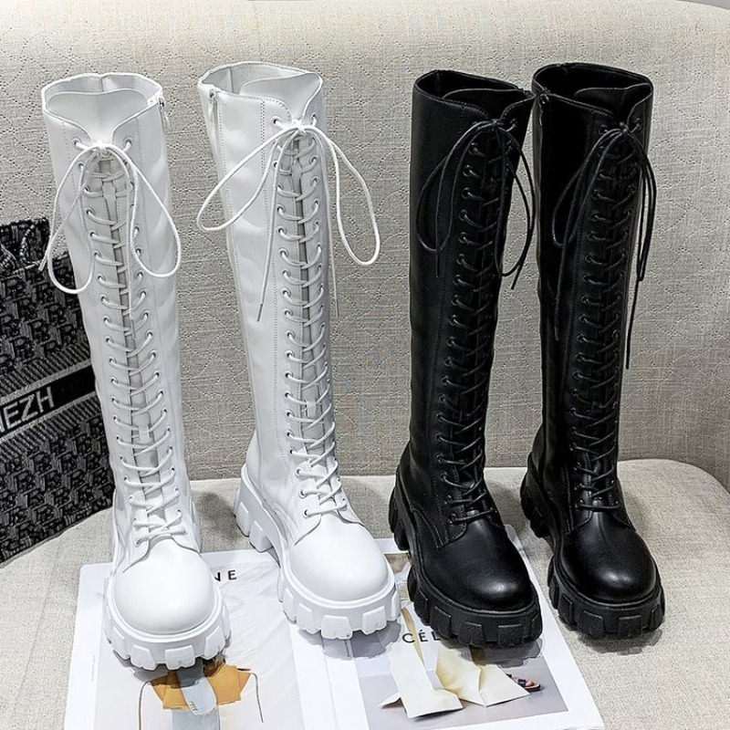 Street Fashion Female - รองเท้าบูทผู้หญิงแบบผูกเชือก ความสูงระดับเข่า พื้นหนา ทรงหัวมน มีซิปด้านข้าง สำหรับฤดูหนาว