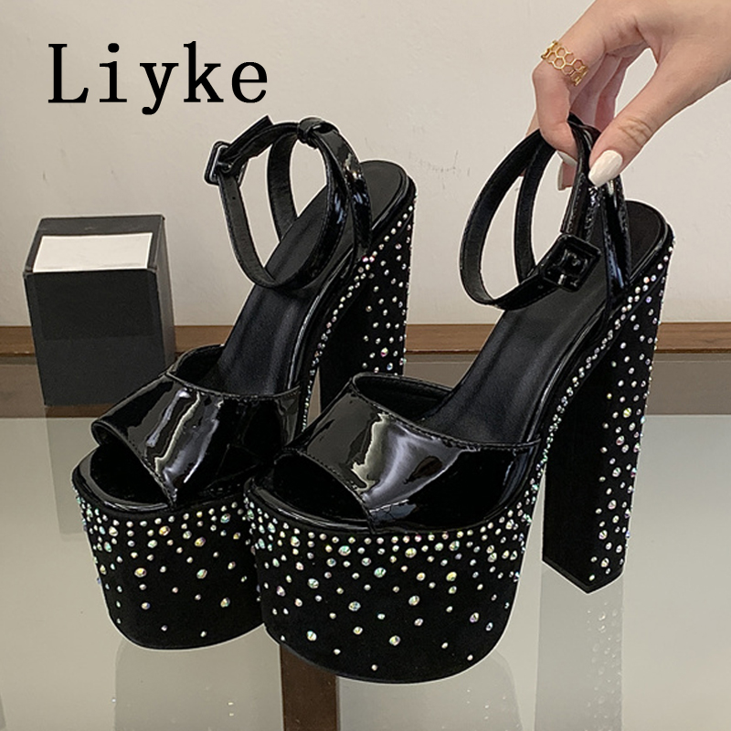 รองเท้าส้นสูงแบบหนาประดับคริสต - Street Fashion Shoes บทวิจารณ์และราคา