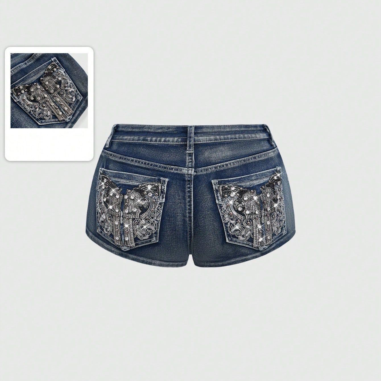 กางเกงยีนส์ขาสั้นปักลายเพชรสำห - Street Fashion Hot บทวิจารณ์และราคา
