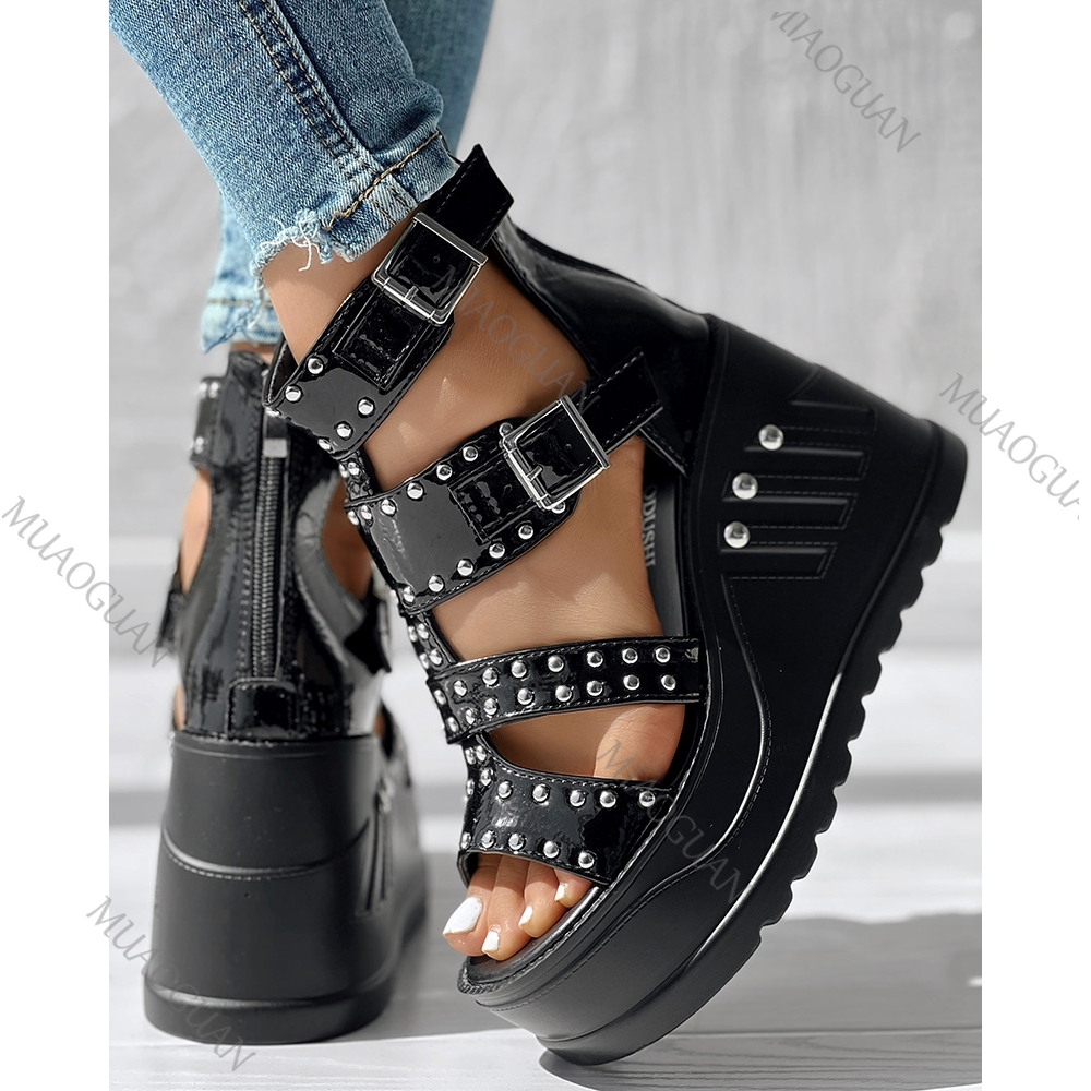 รองเท้าส้นหนาแบบเปิดนิ้วเท้าสี - Street Fashion Shoes บทวิจารณ์และราคา