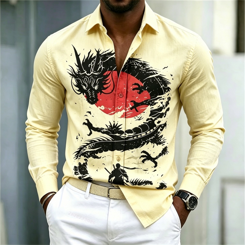เสื้อเชิ้ตผู้ชายลายมังกรสีขาวด - Street Fashion In China บทวิจารณ์และราคา