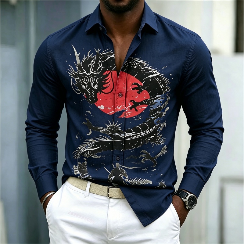 เสื้อเชิ้ตผู้ชายลายมังกรสีขาวด - Street Fashion In China บทวิจารณ์และราคา